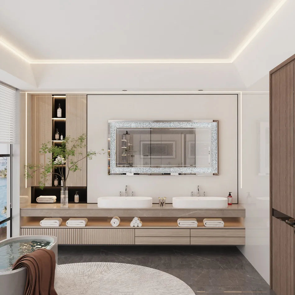 Large Silver Sparkly Crystal Rhinestone Diamond Frameless Vanity Mirrors Wall Mounted Dressing Mirror for Home