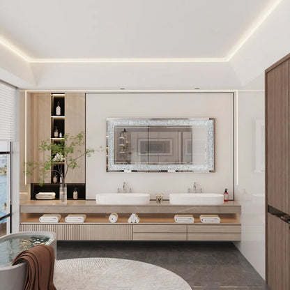 Large Silver Sparkly Crystal Rhinestone Diamond Frameless Vanity Mirrors Wall Mounted Dressing Mirror for Home