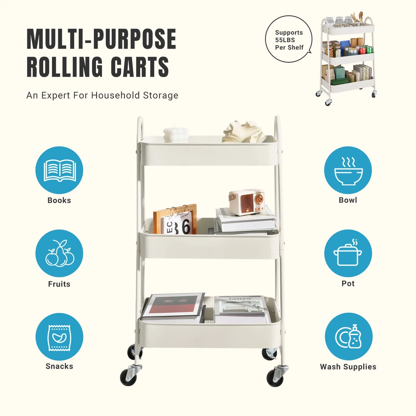 3 Tier Metal Storage Kitchen Cart with Lockable Wheels Mobile Shelving Unit Utility Rolling Organizer For Home Narrow Places