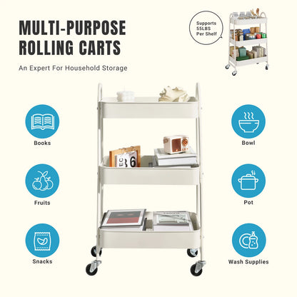 3 Tier Metal Storage Kitchen Cart with Lockable Wheels Mobile Shelving Unit Utility Rolling Organizer For Home Narrow Places