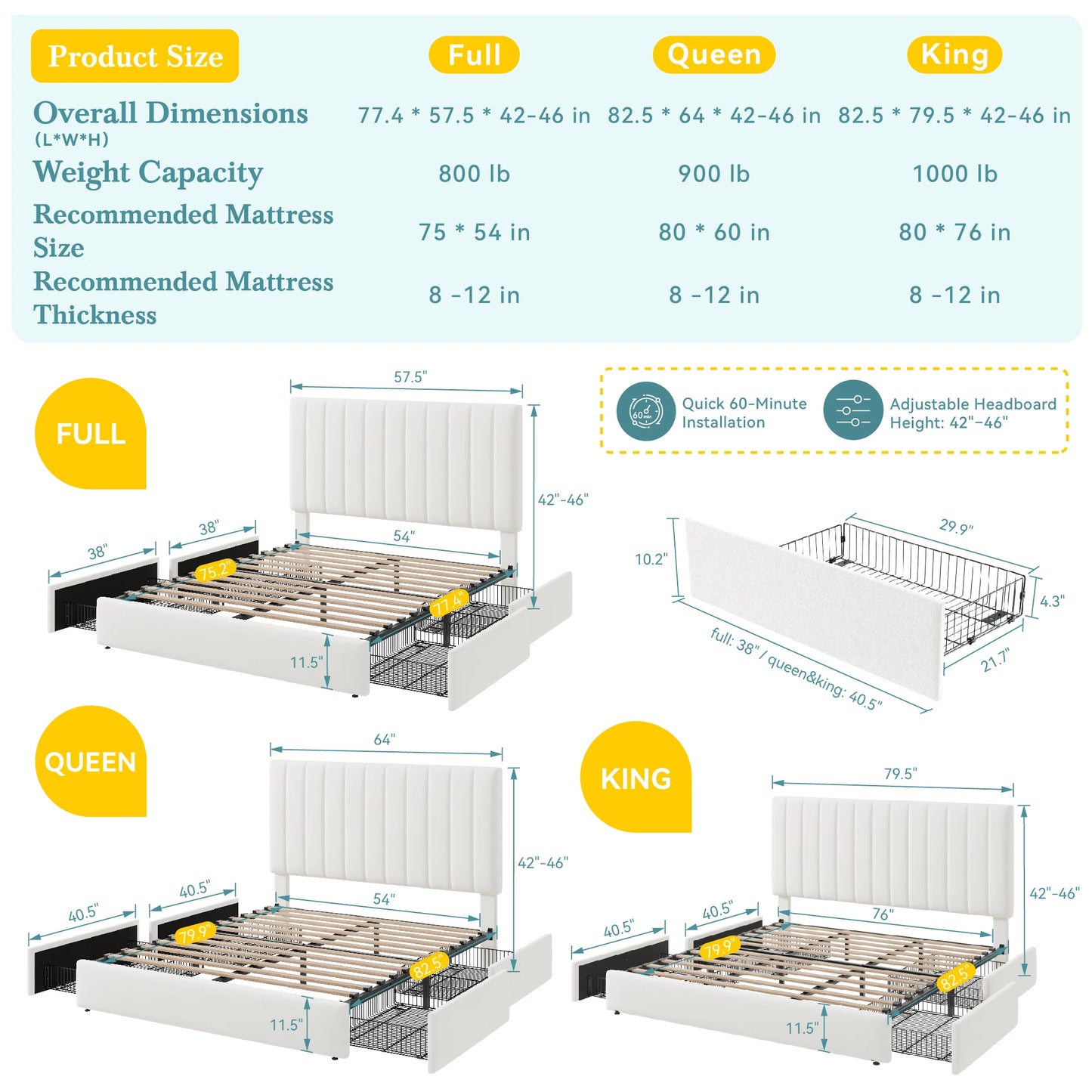 Full/Queen/King Velvet Storage Bed Frame with Adjustable Vertical Channel Headboard,4 Large Drawers, No Box Spring Needed