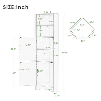 Tall Bathroom Corner Cabinet, Freestanding Storage Cabinet with Doors and Adjustable Shelves, MDF Board, White