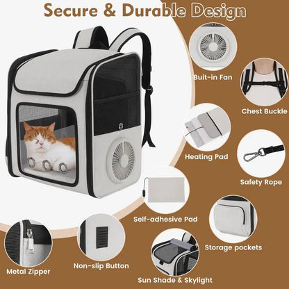 Backpack Carrier with Builtin Cooling Fan amp Heating Pad, Expandable Cat Carrier Backpack for Cats and Small Dogs, Ventilated T