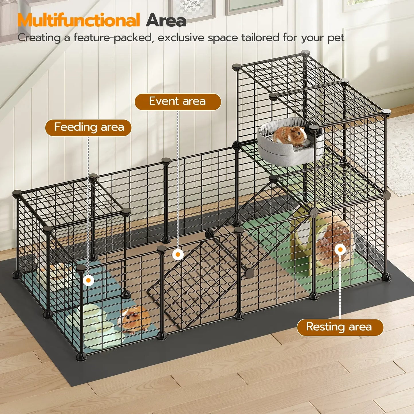 Guinea Pig Cage with Waterproof Mat, 24 Panels Small Animal Playpen, Rabbit Cage, Bunny Cage, Chicken Cage, Pet Playpen, Indoor Outdoor Yard Fence, 57 x 31.5 x 23.6 Inches, Black Hamster House #SummerVibes
