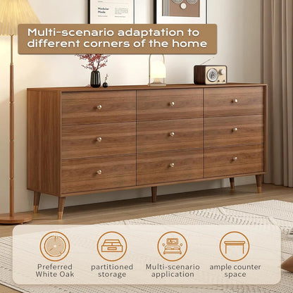 9 Drawer Dresser for Bedroom, 63 Inch Walnut Dresser for Closet, Mid Century Wood Chest of Drawers with Natural, Customized