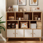 Three-tier wooden bookshelf, open cube low bookshelf with legs and drawers, cube storage