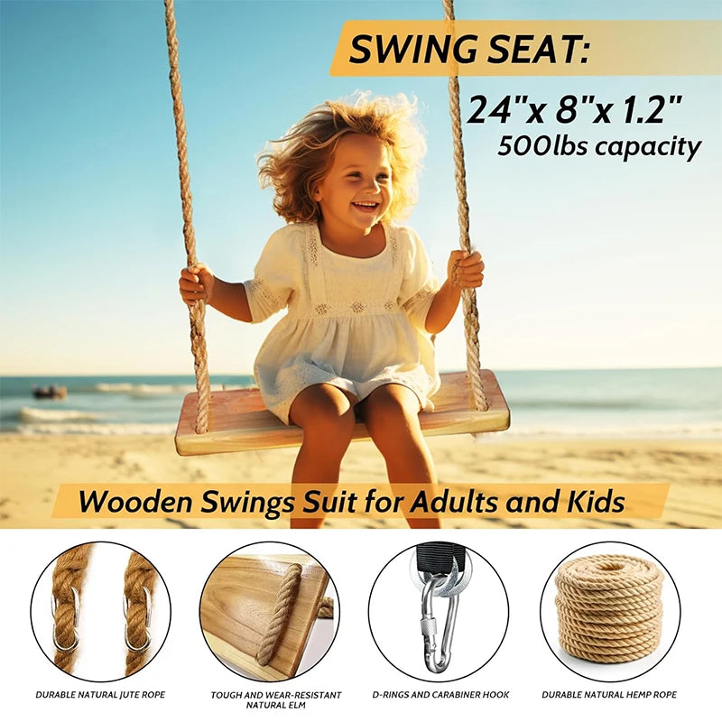 Wooden Tree Swing 500lbs Load Capacity Wooden Swing For Adults Kids Waterproof Hanging Swing Seat For Outdoor Backyard Garden
