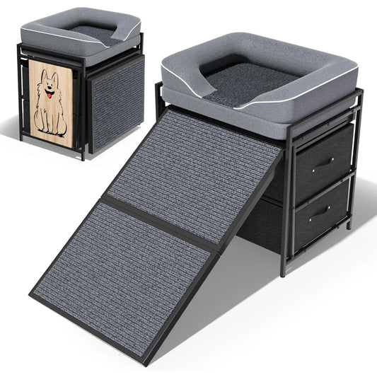 Dog Window Perch with Sofa for Dog&Cat，Dog Window Seat for Home Elevated Pet Bed，Indoor Pet Perch with Anti-Slip Ramp and Storag