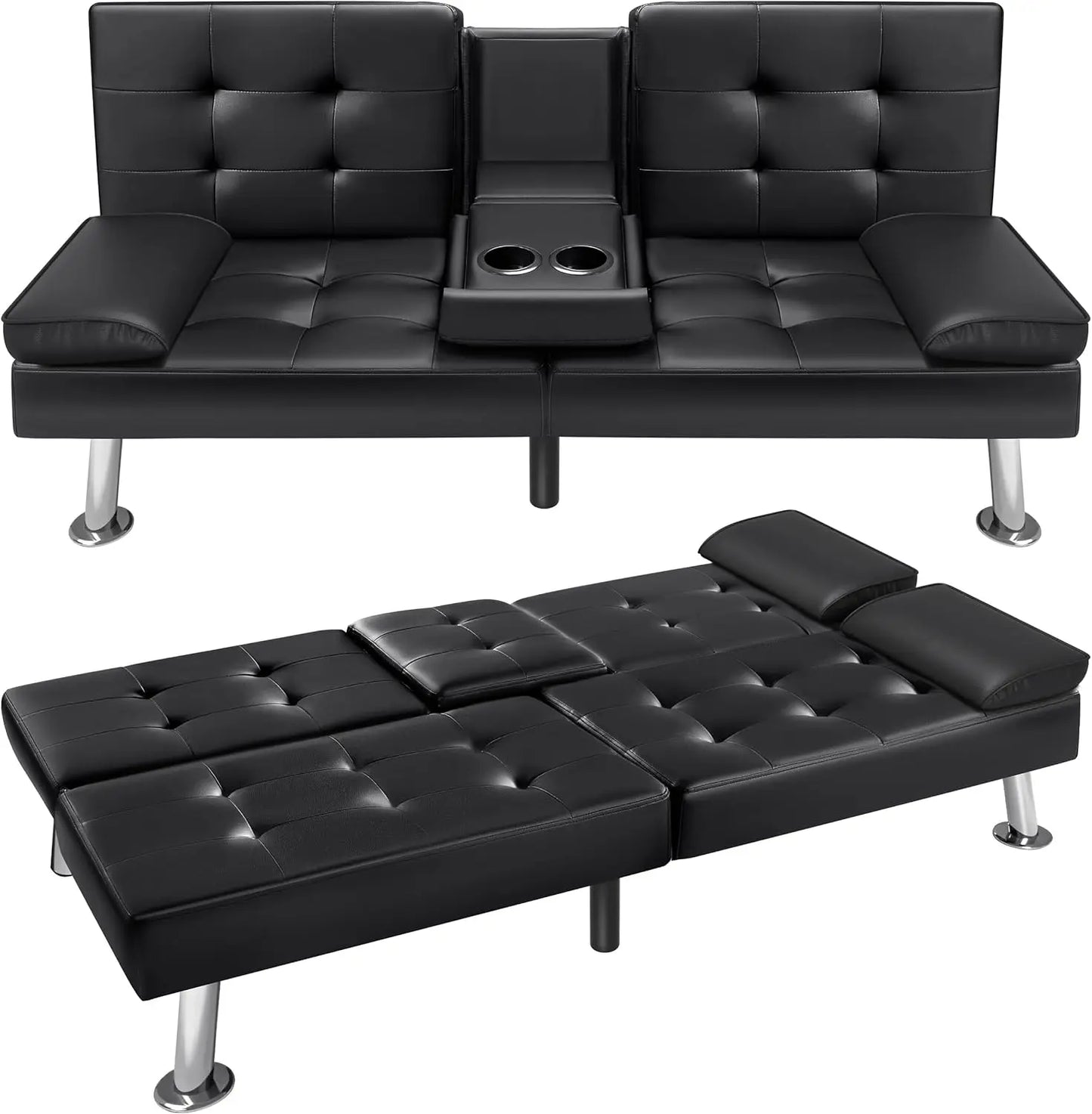 Futon Sofa Bed Modern Faux Leather Couch Bed Convertible Folding Recliner for Living Room with 2 Cup Holders and Armrest