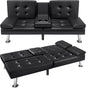 Futon Sofa Bed Modern Faux Leather Couch Bed Convertible Folding Recliner for Living Room with 2 Cup Holders and Armrest
