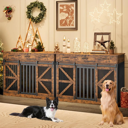 48 Inch Large Dog Crate Furniture with 3 Storage Drawers, Wooden Pet Kennel with Removable Divider