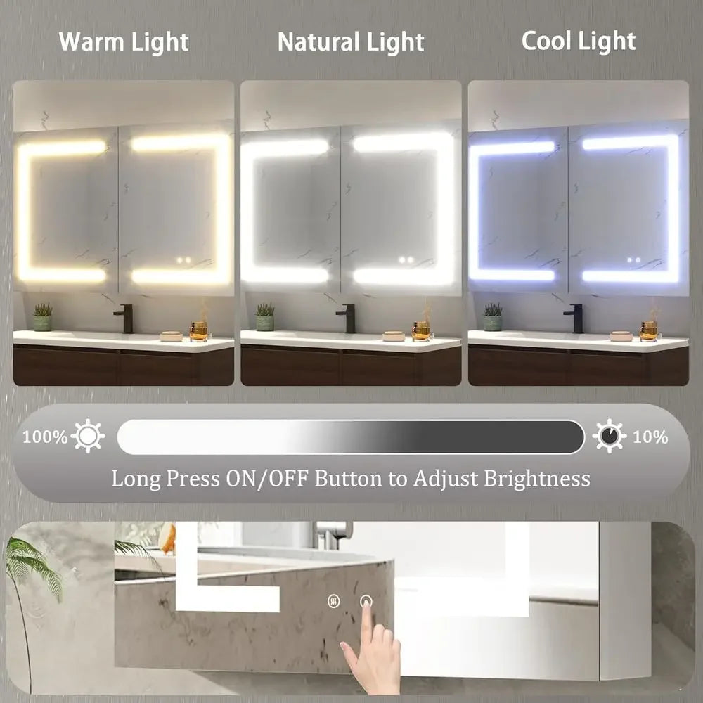 LED Medicine Cabinet with Mirror or Bathroom, Assembly-ree Lighted Medicine Cabinet, og, SteplDimming, 3 Col, 2 Outlets, 2USB, W