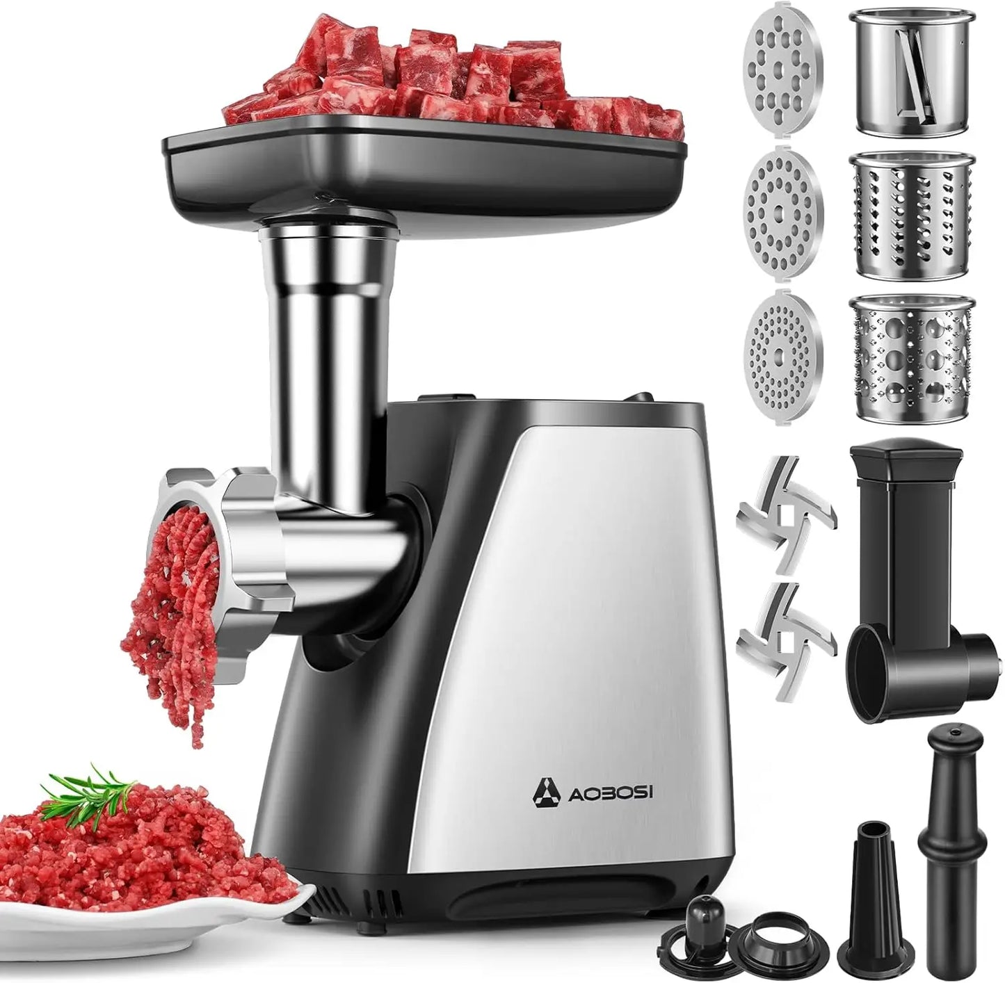 Electric Meat Grinder, 4-in-1 with Sausage Stuffer and Blades, Stainless Steel for Home Kitchen