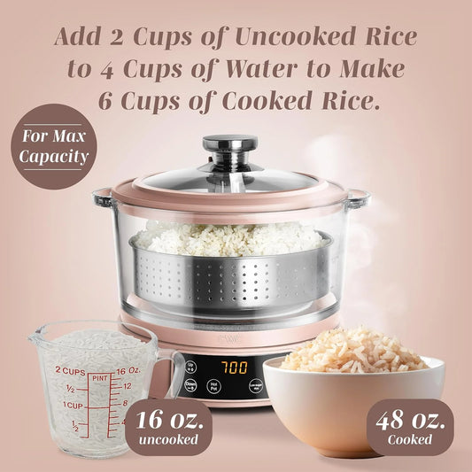COOK WITH COLOR 3L Glass Low Carb Rice Cooker-Makes 6 Cups Cooked Low Sugar Rice with Auto Lift Filter Basket Hotpot Steamer