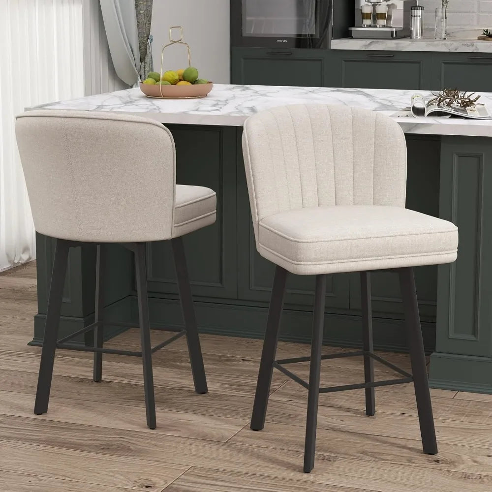 Swivel Counter Height Bar Stools Set of 2, 26'' Modern Barstools with Backs and Metal Legs, Upholstered Bar Chairs, Beige, Fabri