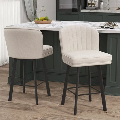 Swivel Counter Height Bar Stools Set of 2, 26'' Modern Barstools with Backs and Metal Legs, Upholstered Bar Chairs, Beige, Fabri