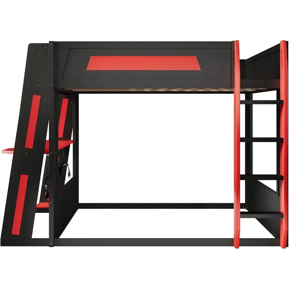 Sturdy Queen Wooden Bunk Bed with Desk, Storage, USB & LED Lights for Gamers and Compact Spaces (Black+Red)