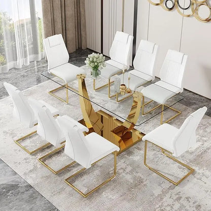 Glass Dining Table Set for 6, Modern Kitchen Table Set for 6, 71" Tempered Glass Tabletop with U-Shaped Gold Base, 7 Ppiece
