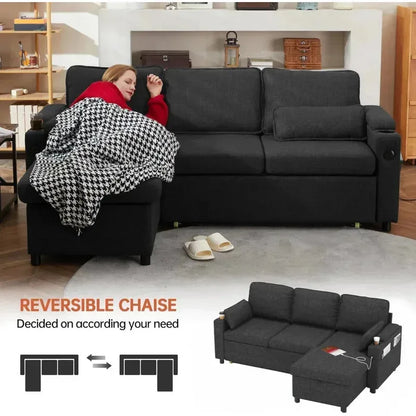 Sleeper Sofa Pullout Bed for Living Room.L Shaped Couch with Storage Chaise.USB.Cup Holder (Dark G
