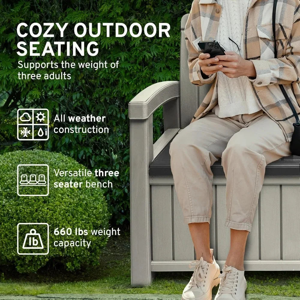 3 Seat Outdoor Storage Bench - 90 Gallon Capacity - Weatherproof Resin Bench for Patio, Porch, Garden, Yard, Pool Area