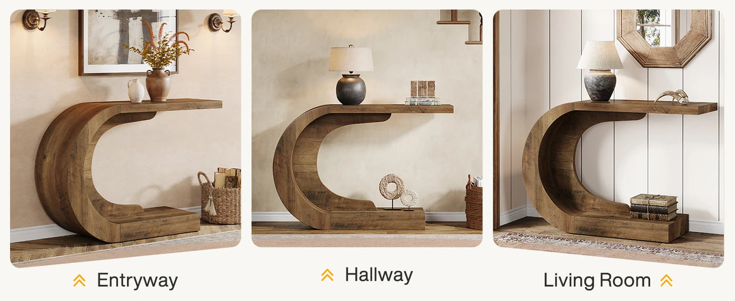 43.3" Mid-Century Modern Console Table for Entryway, Wood C-Shaped Hallway Entry Accent Table for Living Room