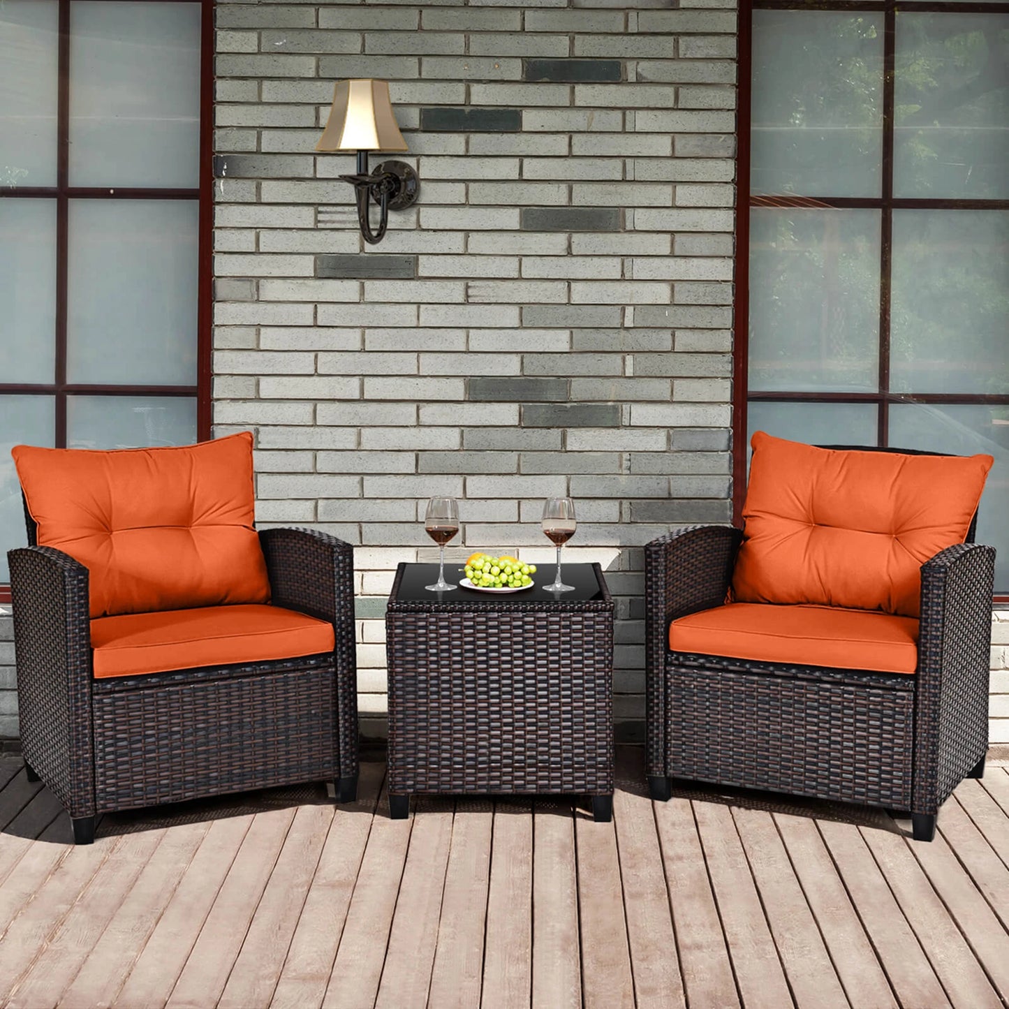 3 PCS Patio Rattan Furniture Set Cushioned Conversation Set  Orange