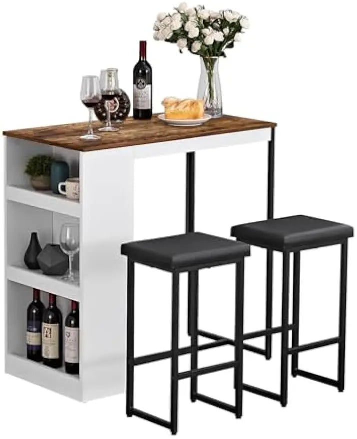 3 Piece Dining Table Set Kitchen Bar Table with Two Stool Storage Shelves Wood Counter Height Table Top with Sew Kerf Finish