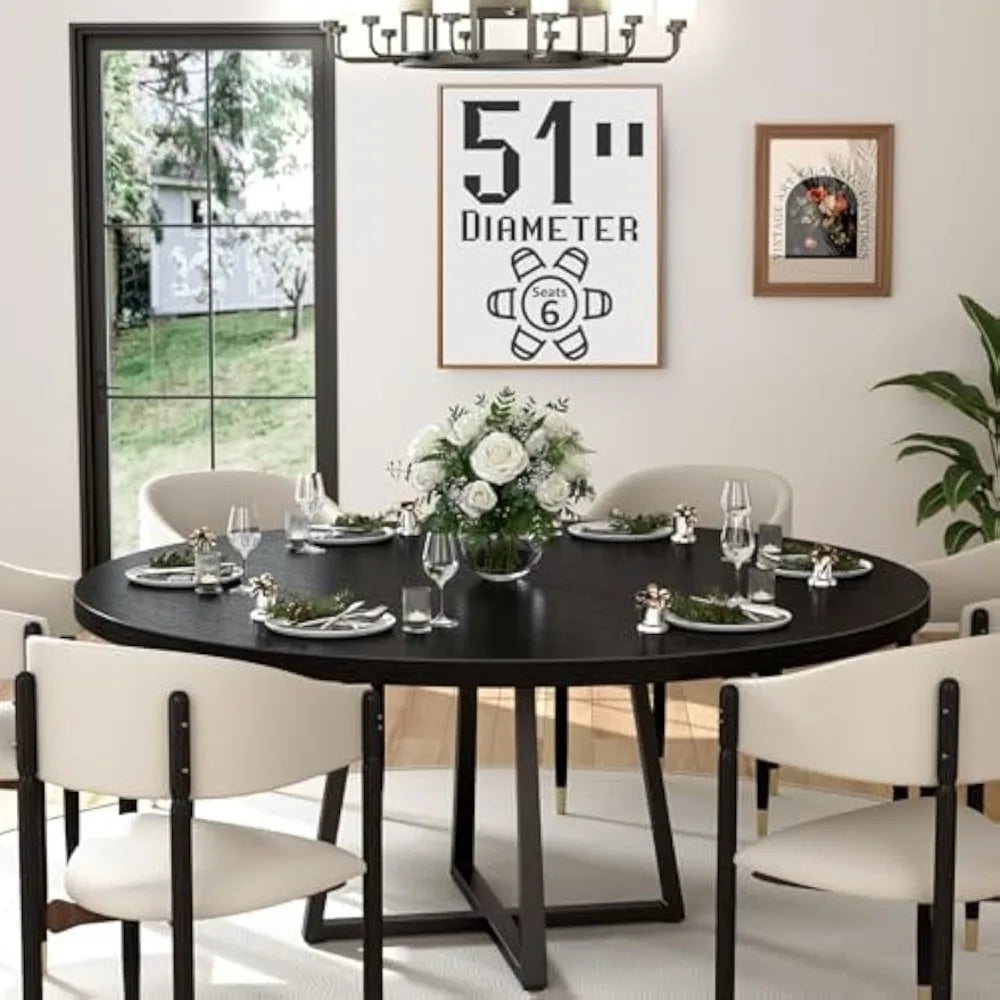 Black Round Dining Table for 6 - Modern Circle 51 Inch Large Room Kitchen Dinning Tables for 4 to 6 Person