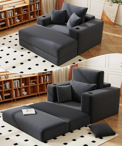 Chaise Lounge Chair Indoor, Fluffy Corduroy Upholstered Boneless Couch, Convertible Sleeper Sofa Bed