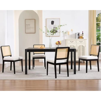 Modern Farmhouse Rattan Dining Chairs Set of 4 Beige Linen Upholstered Dining Room Chairs  Cane Back Mid Century Black Wooden