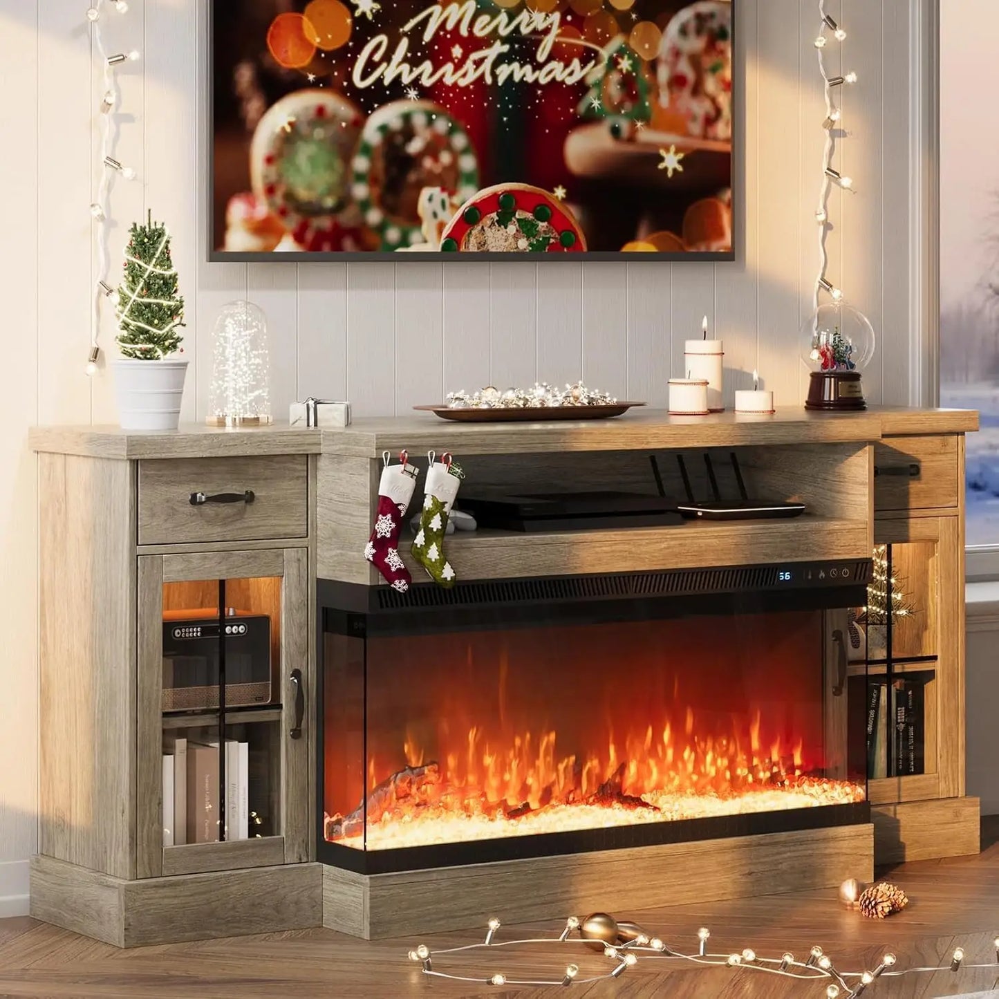 Fireplace TV Stand with 40" Electric Fireplace for 80" TV, 70" Entertainment Center with Adjustable Storage Cabinets