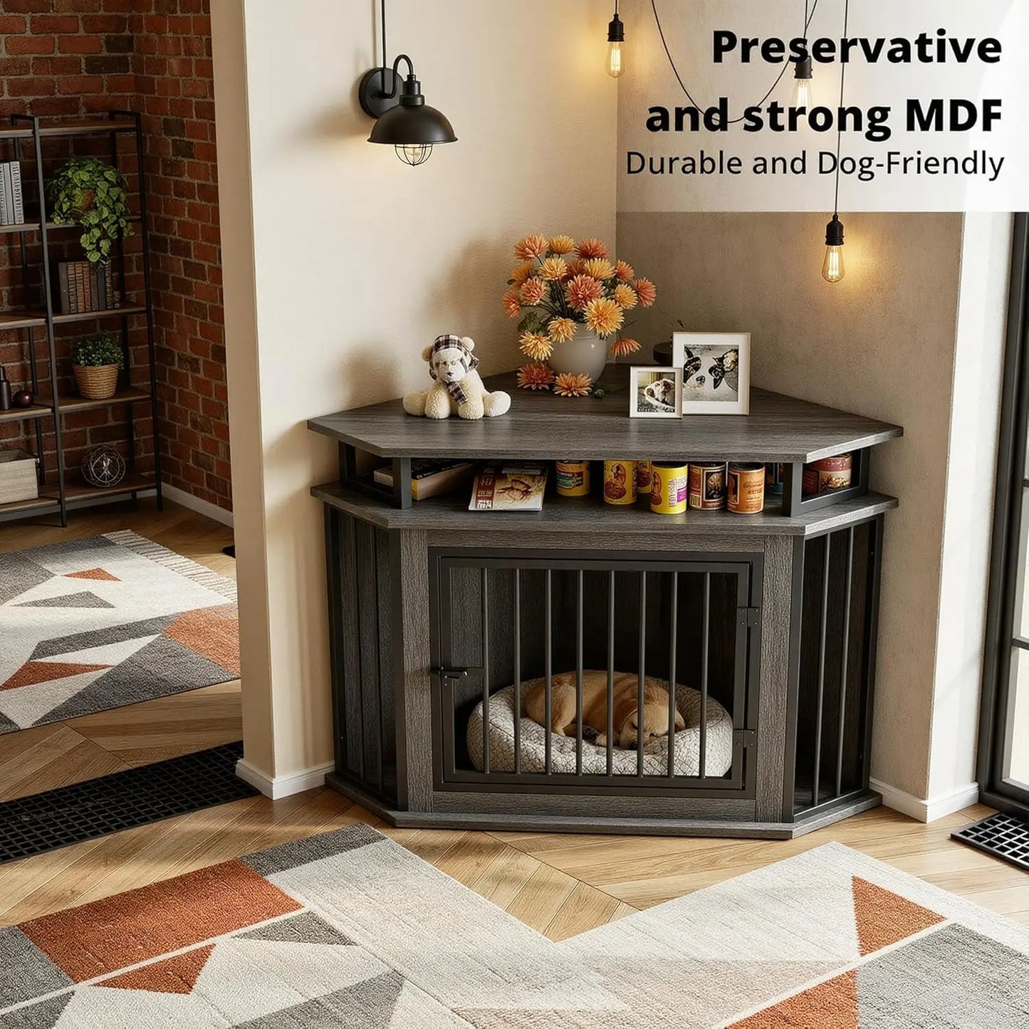 44" Corner Dog Crate with 2-Tier Shelves, Wooden Kennel Furniture for TV Stand, Indoor Pet Enclosure for Small/Medium Dogs