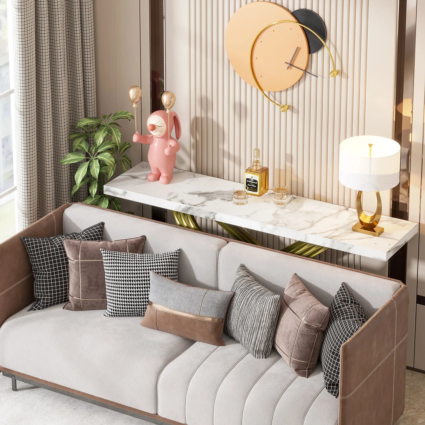 55 Inch Modern Console Table, Faux Marble Gold Entryway Table Behind Sofa Couch, Narrow Rectangular Sofa Table