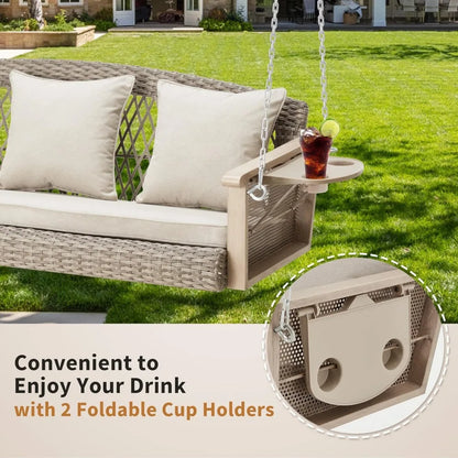 3-Person Wicker Porch Swing with Upgraded Cup Holder, 55 Inch Patio Hanging Swing Bench Chair with Cushions 900lbs Capacity