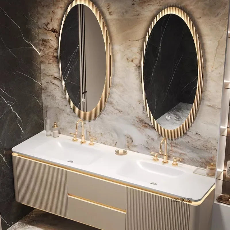 Luxury Bathroom Vanity Cabinets Set Modern Slate Single Double Basin Nordic Oak Storage Bathroom Drawer Slab Sink Mirror Cabinet