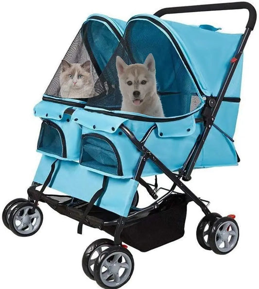 Double Pet Stroller, Foldable Double Dog Stroller for 2 Dogs Cats with 4 Wheels, Twin Walk Jogger Travel Pet Carriage Cart