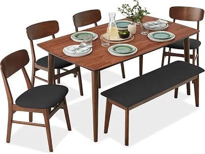 6-piece wooden dining set, mid-century modern table & upholstered chair set w/bench seat, rubberwood legs - walnut/charcoal