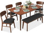 6-piece wooden dining set, mid-century modern table & upholstered chair set w/bench seat, rubberwood legs - walnut/charcoal