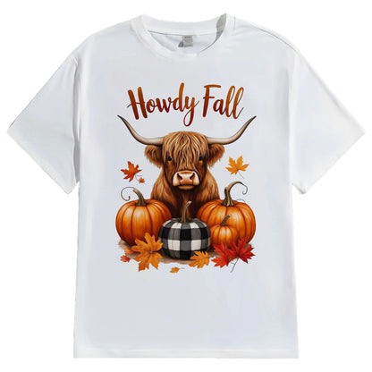 Zaelia Women's Casual T-Shirt Cute Highland Cow Pumpkin Fall Print  Party Wear