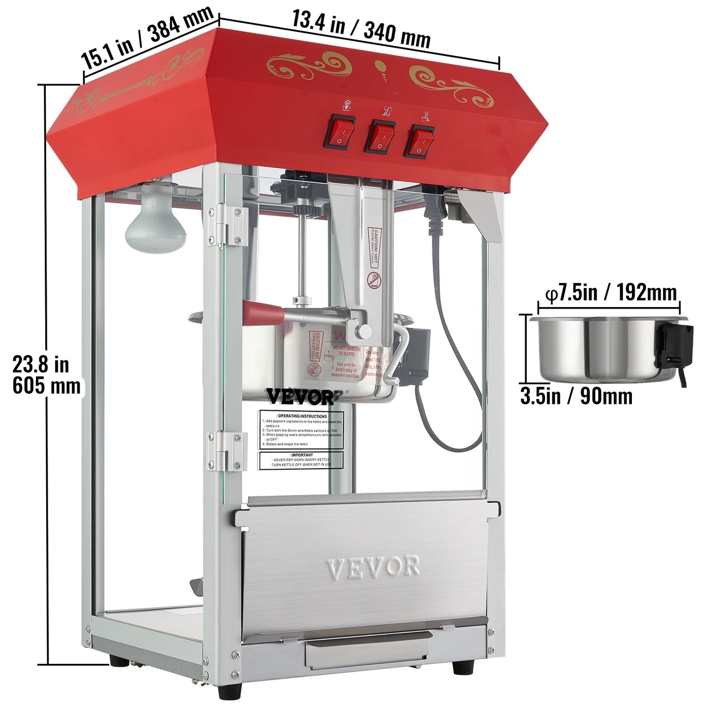 8/12Oz Electric Popcorn Maker Commercial Popper Machine  Automatic Corn Cookware with Scoop Spoon SUS304 Heating Tube