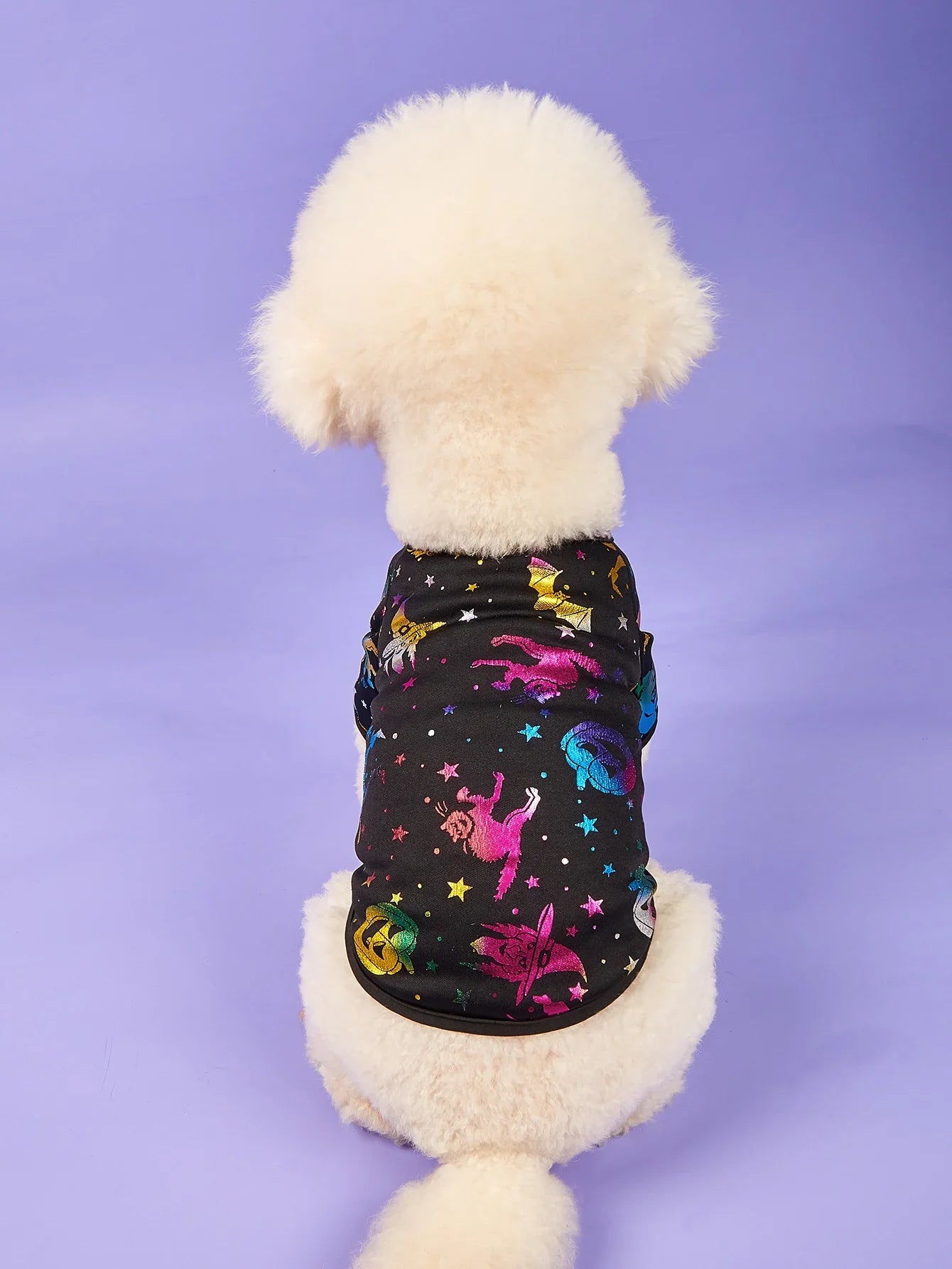 Halloween Pet T-Shirt, Black Short - Sleeve with Colorful Glittery Bats & Pumpkins & Stars Print Pet Clothes for Small Dogs Cats