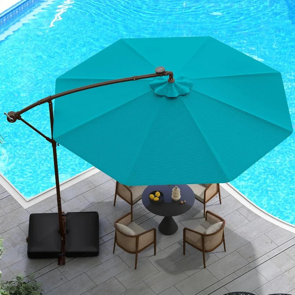 10 Foot Cantilever Patio Umbrella with Solar LED Lights, Tilt and Crank Operation, and Included Base