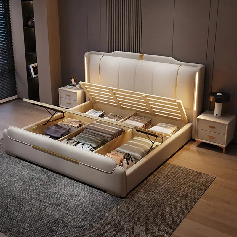 SAT. Luxury modern king soft bed framed leather solid wood double bed with storage for home or hotel bedroom furniture