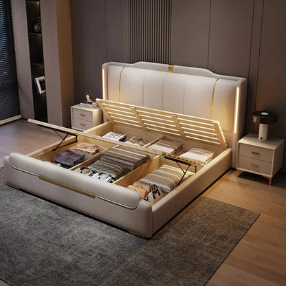 SAT. Luxury modern king soft bed framed leather solid wood double bed with storage for home or hotel bedroom furniture