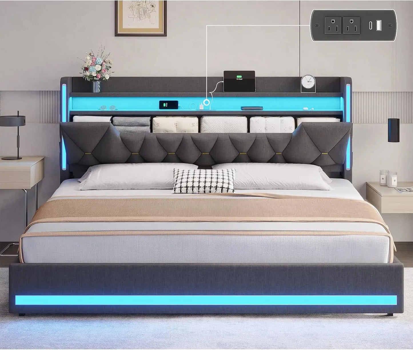 LED King Bed Frame with Charging Station, Hidden Storage & Upholstered Headboard, Dark Gray Linen