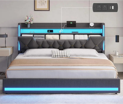 LED King Bed Frame with Charging Station, Hidden Storage & Upholstered Headboard, Dark Gray Linen