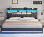 LED King Bed Frame with Charging Station, Hidden Storage & Upholstered Headboard, Dark Gray Linen