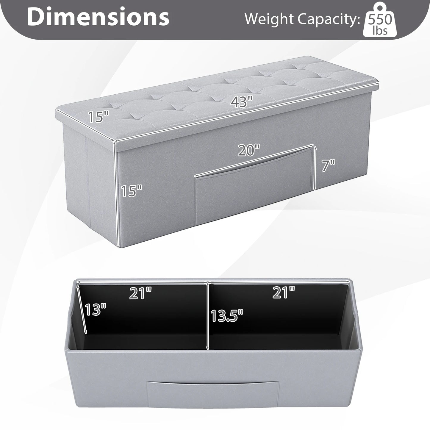 43 Inches Folding Storage Ottoman Bench with Side Pocket Storage Chest