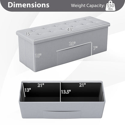 43 Inches Folding Storage Ottoman Bench with Side Pocket Storage Chest