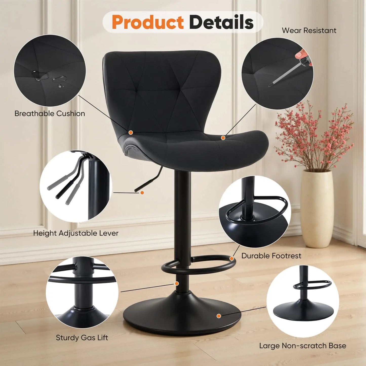 Ergonomic Faux Leather Dining Chairs Set of 2 Adjustable Upholstered Swivel with Curved Backrest Metal Legs For Kitchen